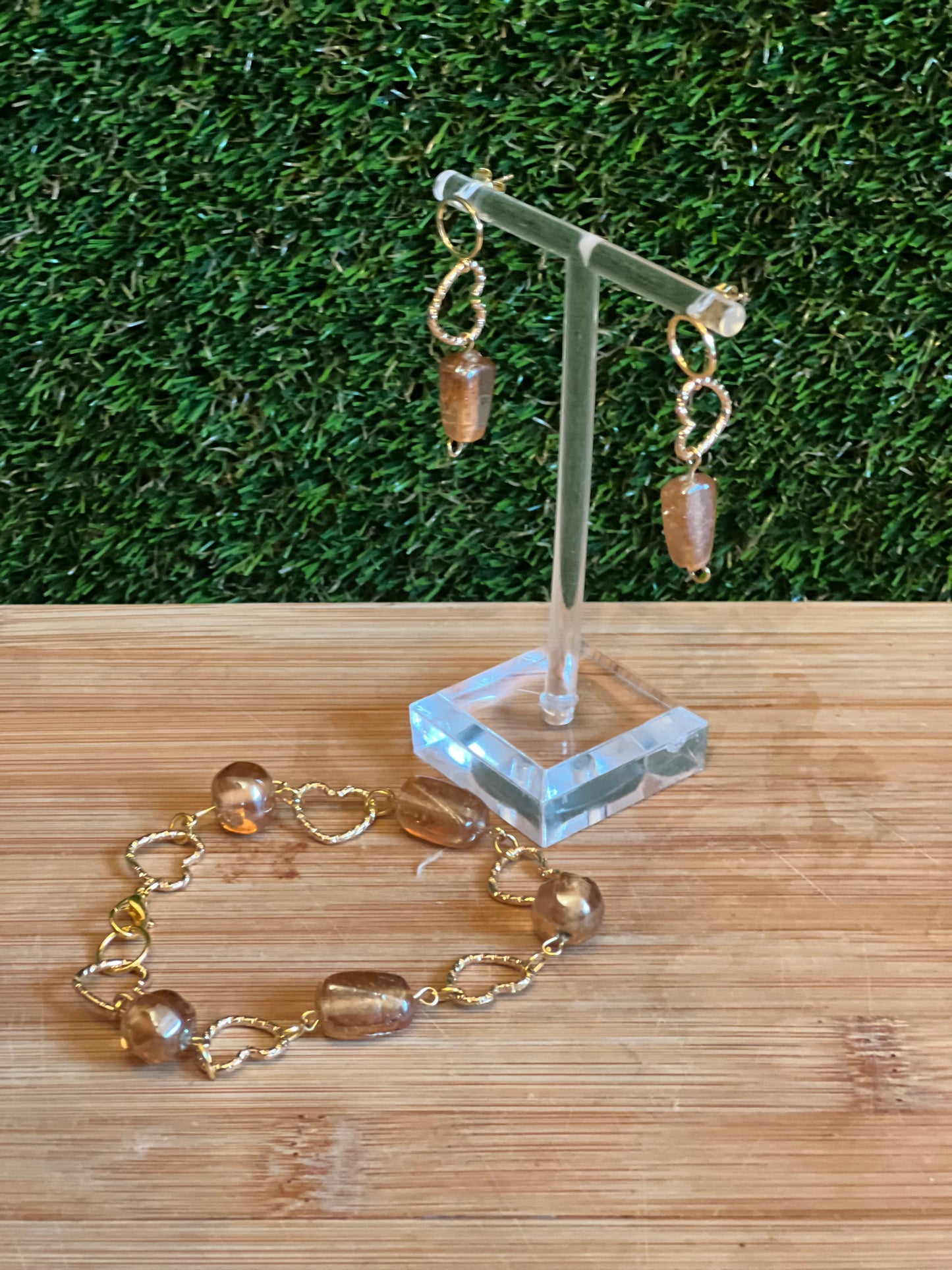 Amber and gold bracelet earring set